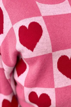 Sale Dear-Lover Love Heart Checkered Valentine Crew Neck Sweater Pink