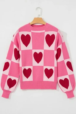 Sale Dear-Lover Love Heart Checkered Valentine Crew Neck Sweater Pink