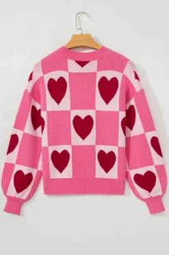 Sale Dear-Lover Love Heart Checkered Valentine Crew Neck Sweater Pink