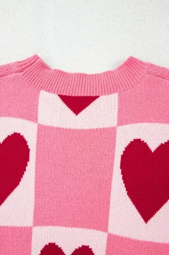 Sale Dear-Lover Love Heart Checkered Valentine Crew Neck Sweater Pink
