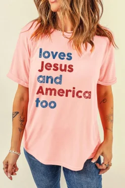 Clearance Dear-Lover loves Jesus and America too Vintage Letter Graphic Tee Pink