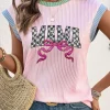 Discount Dear-Lover MAMA Bow Graphic Contrast Trim Cap Sleeve 3D Rib T Shirt Pink