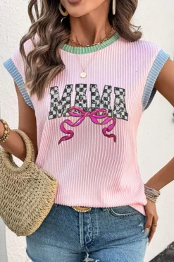 Discount Dear-Lover MAMA Bow Graphic Contrast Trim Cap Sleeve 3D Rib T Shirt Pink