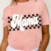 Clearance Dear-Lover Mama Checkered Print O Neck Casual T Shirt Pink