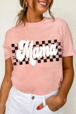 Clearance Dear-Lover Mama Checkered Print O Neck Casual T Shirt Pink