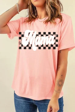 Clearance Dear-Lover Mama Checkered Print O Neck Casual T Shirt Pink