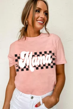 Clearance Dear-Lover Mama Checkered Print O Neck Casual T Shirt Pink