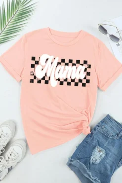 Clearance Dear-Lover Mama Checkered Print O Neck Casual T Shirt Pink