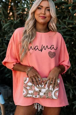 Clearance Dear-Lover mama Leopard Heart Print Shirred 3/4 Sleeve Top Pink
