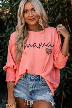 Clearance Dear-Lover mama Leopard Heart Print Shirred 3/4 Sleeve Top Pink
