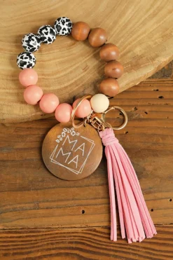 Hot Dear-Lover MAMA Wood Pendant Leopard Fringe Keychain Pink