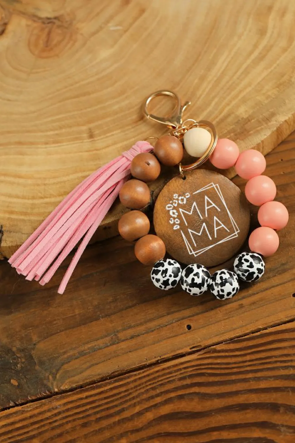 Hot Dear-Lover MAMA Wood Pendant Leopard Fringe Keychain Pink
