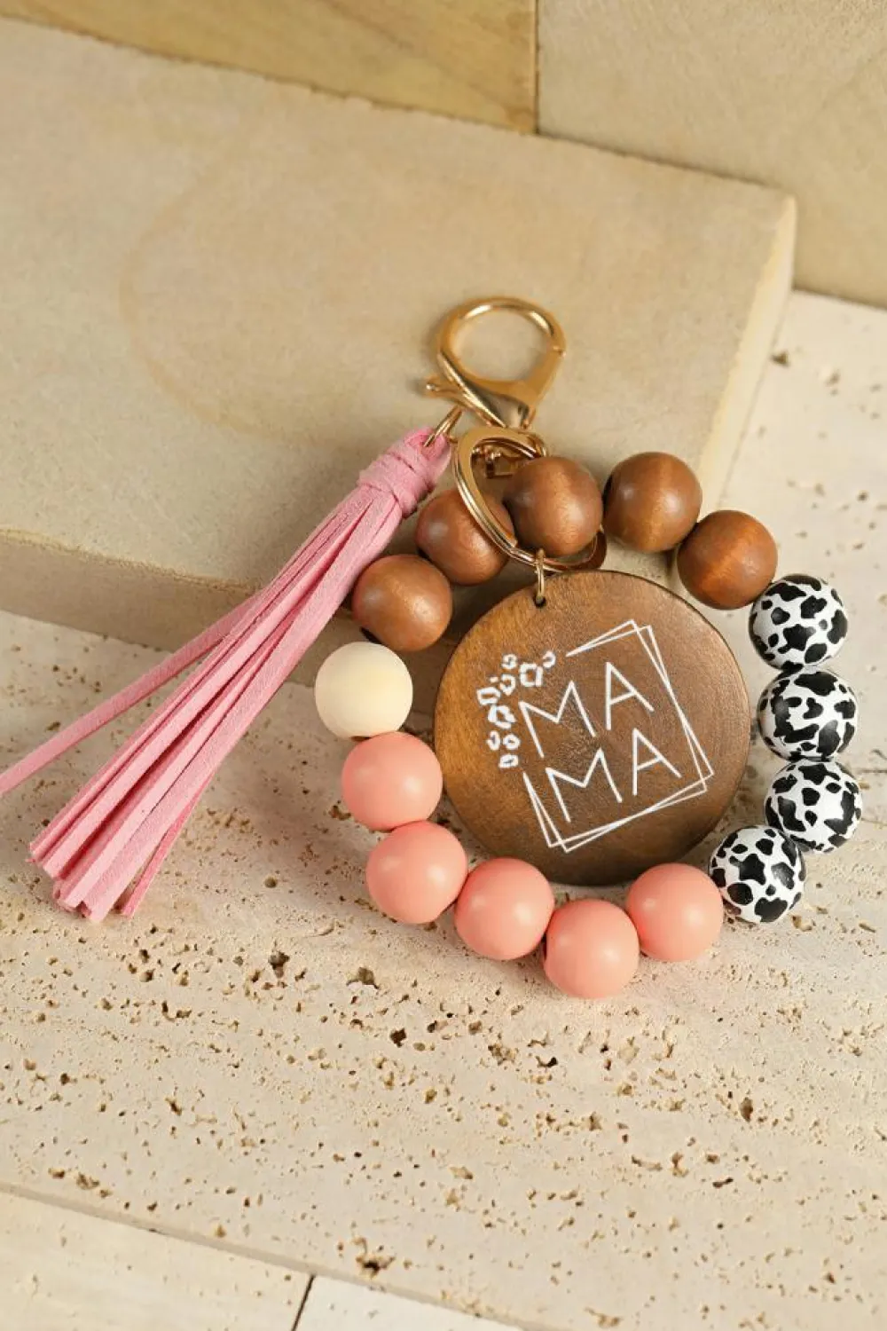 Hot Dear-Lover MAMA Wood Pendant Leopard Fringe Keychain Pink