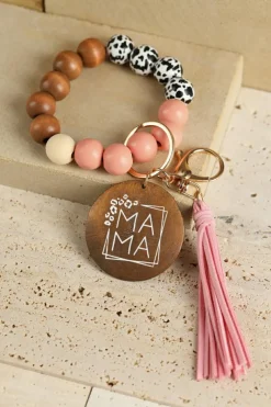 Hot Dear-Lover MAMA Wood Pendant Leopard Fringe Keychain Pink