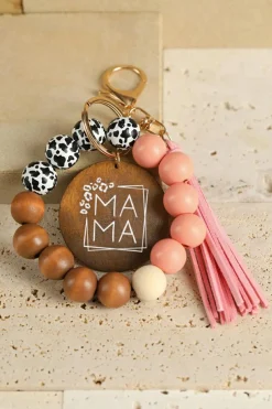Hot Dear-Lover MAMA Wood Pendant Leopard Fringe Keychain Pink