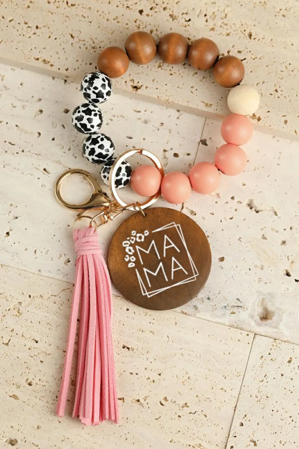 Hot Dear-Lover MAMA Wood Pendant Leopard Fringe Keychain Pink