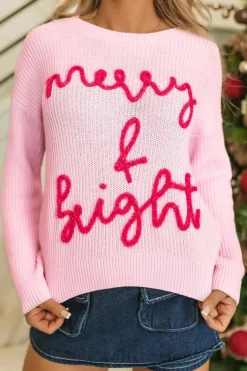 Fashion Dear-Lover Merry & Bright Pop Up Letter Waffle Knit Sweater Pink