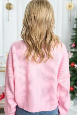 Fashion Dear-Lover Merry & Bright Pop Up Letter Waffle Knit Sweater Pink