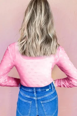 Online Dear-Lover Mesh Bow Pattern Long Sleeve Top Pink