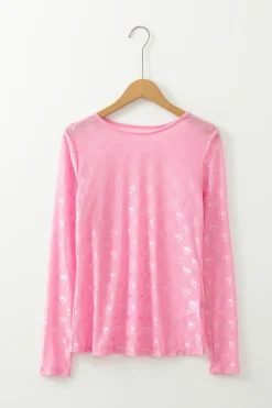 Online Dear-Lover Mesh Bow Pattern Long Sleeve Top Pink