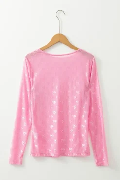Online Dear-Lover Mesh Bow Pattern Long Sleeve Top Pink