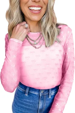 Online Dear-Lover Mesh Bow Pattern Long Sleeve Top Pink