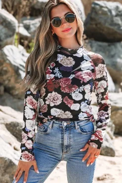 Hot Dear-Lover Mesh Floral Print Mock Neck Long Sleeve Slim Top Pink