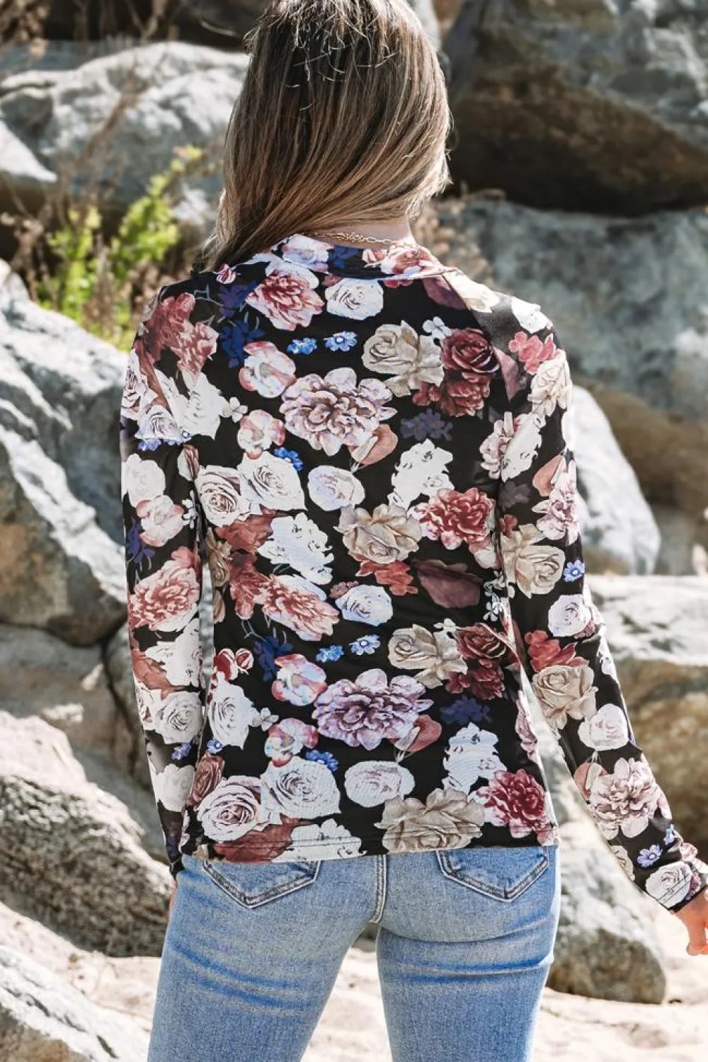 Hot Dear-Lover Mesh Floral Print Mock Neck Long Sleeve Slim Top Pink