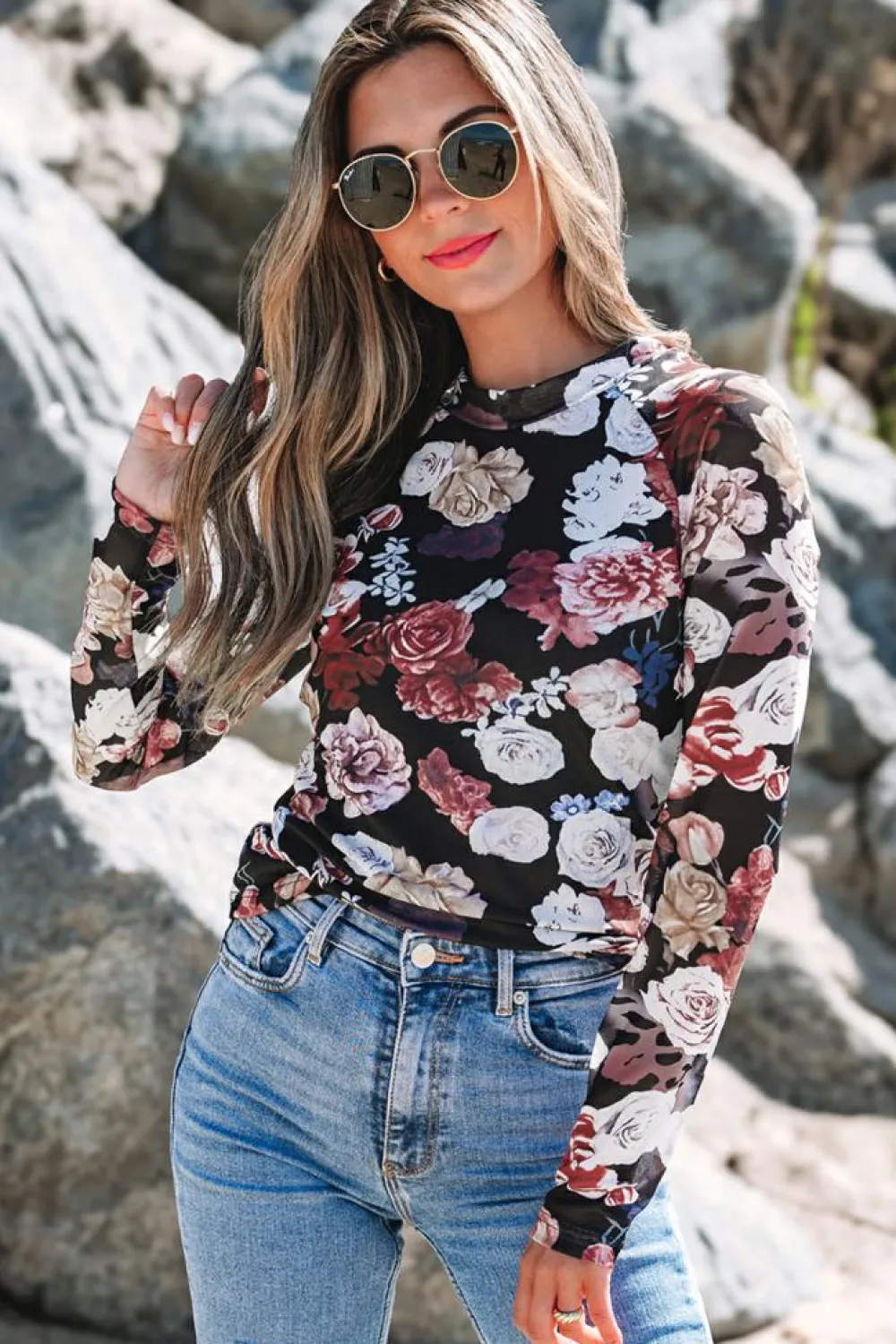 Hot Dear-Lover Mesh Floral Print Mock Neck Long Sleeve Slim Top Pink