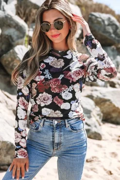 Hot Dear-Lover Mesh Floral Print Mock Neck Long Sleeve Slim Top Pink
