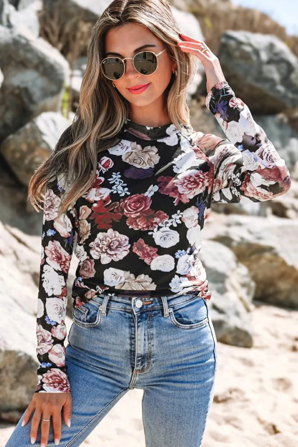 Hot Dear-Lover Mesh Floral Print Mock Neck Long Sleeve Slim Top Pink