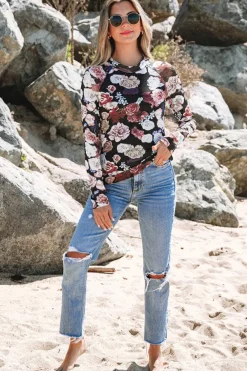 Hot Dear-Lover Mesh Floral Print Mock Neck Long Sleeve Slim Top Pink