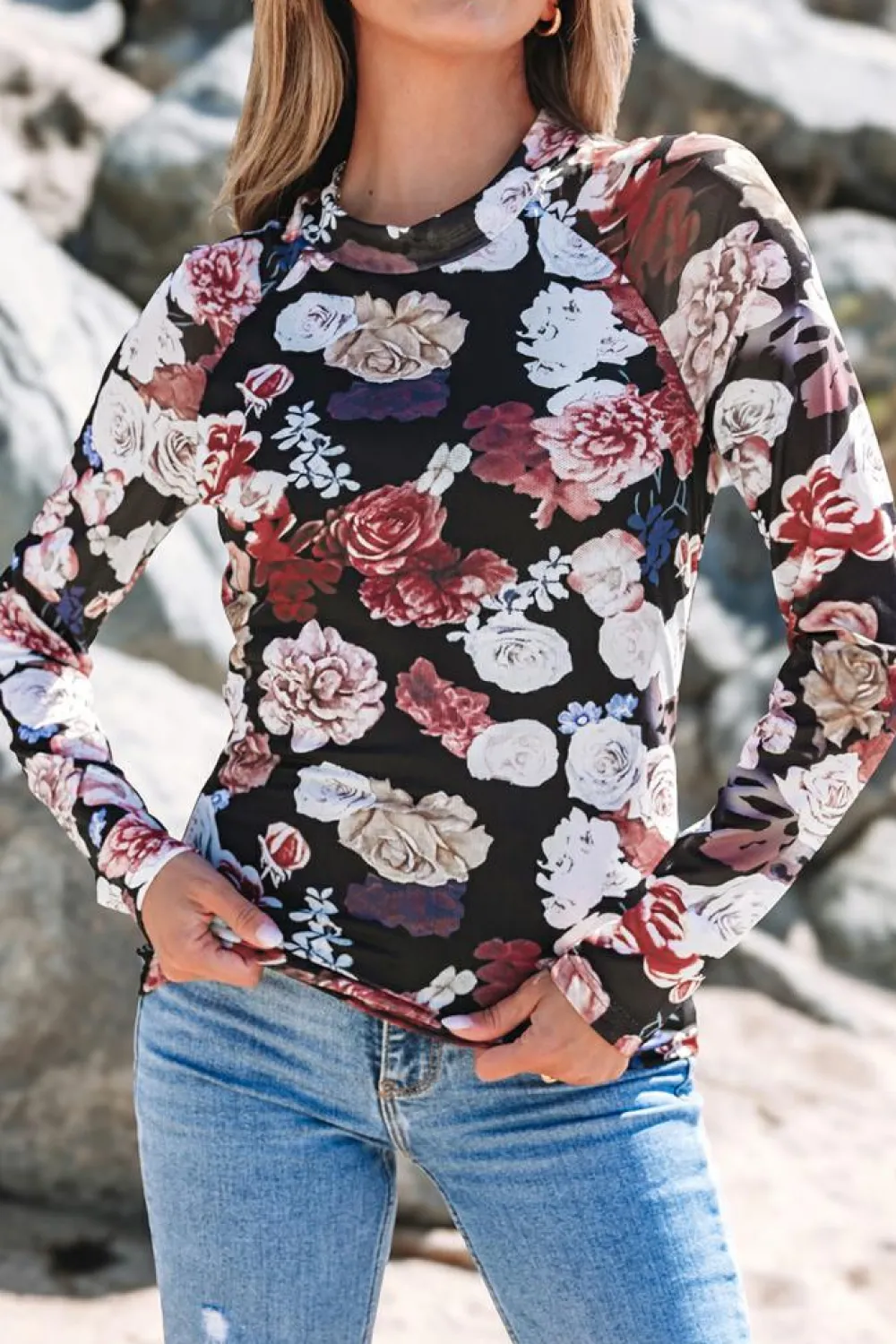 Hot Dear-Lover Mesh Floral Print Mock Neck Long Sleeve Slim Top Pink