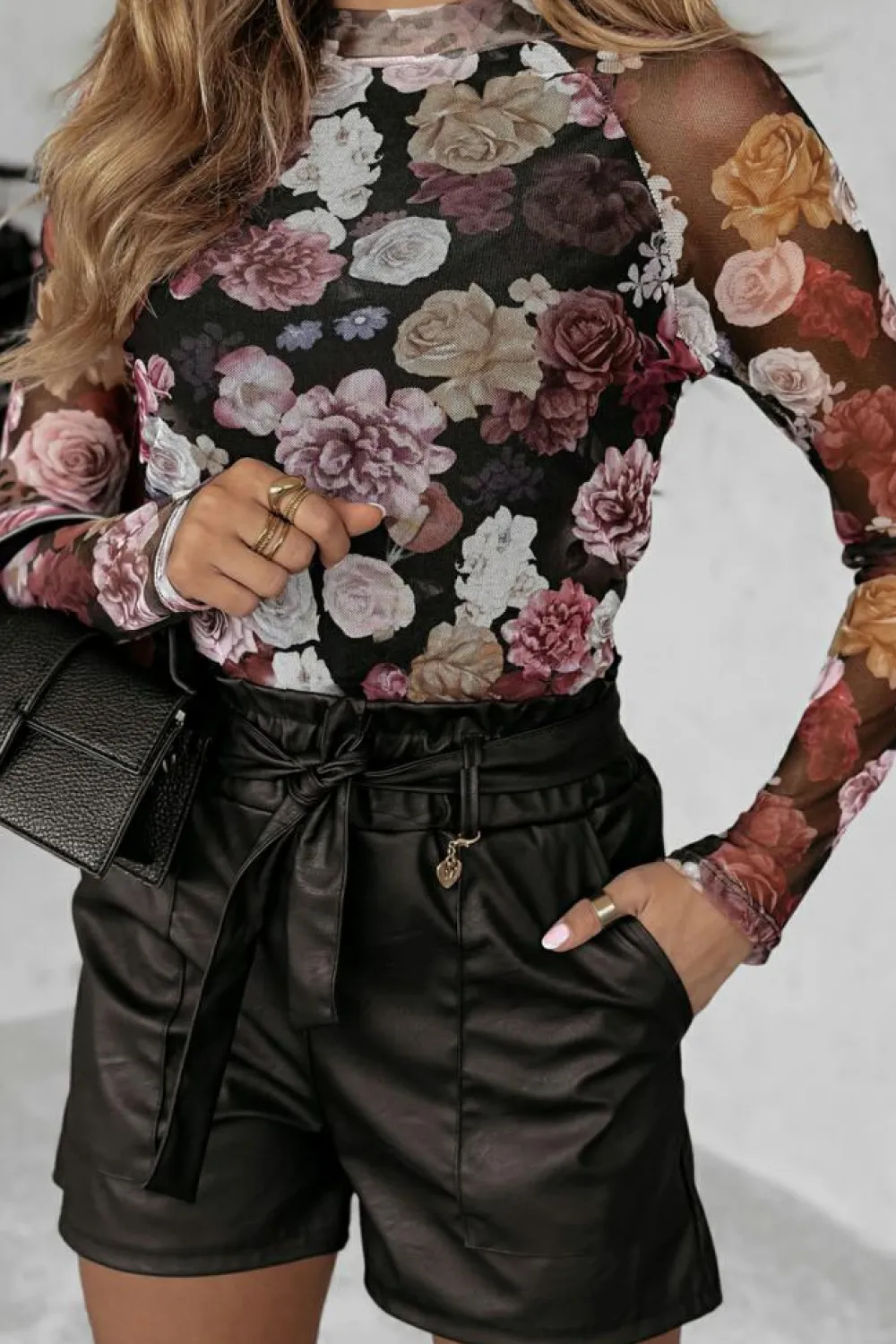 Hot Dear-Lover Mesh Floral Print Mock Neck Long Sleeve Slim Top Pink