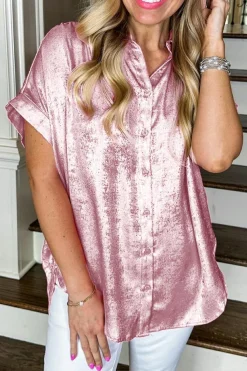 Outlet Dear-Lover Metallic Sheen Short Sleeve Buttoned Front Casual Shirt Pink
