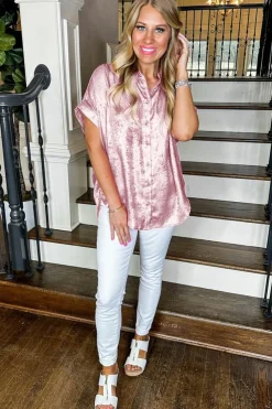 Outlet Dear-Lover Metallic Sheen Short Sleeve Buttoned Front Casual Shirt Pink