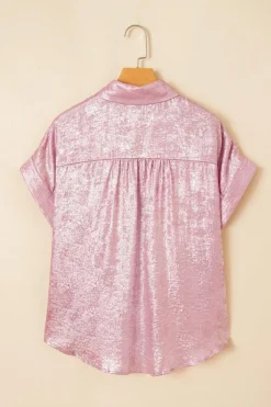Outlet Dear-Lover Metallic Sheen Short Sleeve Buttoned Front Casual Shirt Pink