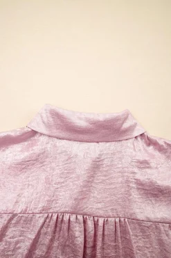 Outlet Dear-Lover Metallic Sheen Short Sleeve Buttoned Front Casual Shirt Pink