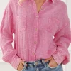 Discount Dear-Lover Mineral Wash Crinkle Textured Chest Pockets Shirt Pink