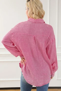 Discount Dear-Lover Mineral Wash Crinkle Textured Chest Pockets Shirt Pink