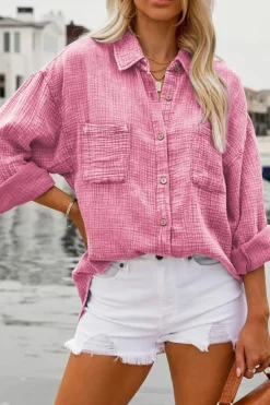 Discount Dear-Lover Mineral Wash Crinkle Textured Chest Pockets Shirt Pink