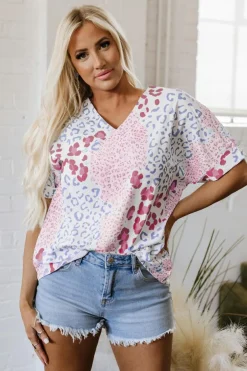Best Dear-Lover Mixed Leopard Print V Neck Short Sleeve Blouse Pink