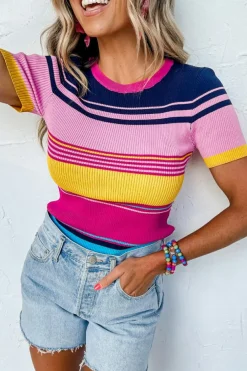 Best Dear-Lover Mixed Stripes Ribbed Knit Top Pink