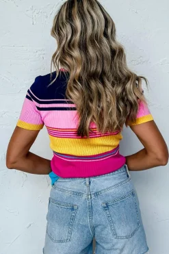 Best Dear-Lover Mixed Stripes Ribbed Knit Top Pink