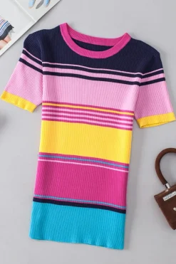 Best Dear-Lover Mixed Stripes Ribbed Knit Top Pink