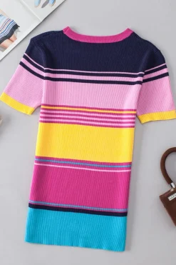 Best Dear-Lover Mixed Stripes Ribbed Knit Top Pink