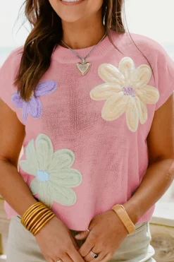 Outlet Dear-Lover Multi Crochet Flower Knit Short Sleeve Sweater Top Pink