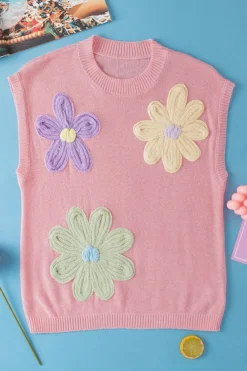 Outlet Dear-Lover Multi Crochet Flower Knit Short Sleeve Sweater Top Pink