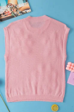 Outlet Dear-Lover Multi Crochet Flower Knit Short Sleeve Sweater Top Pink