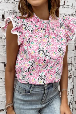 Discount Dear-Lover Multicolor Abstract Print High Neck Flutter Sleeves Top Pink